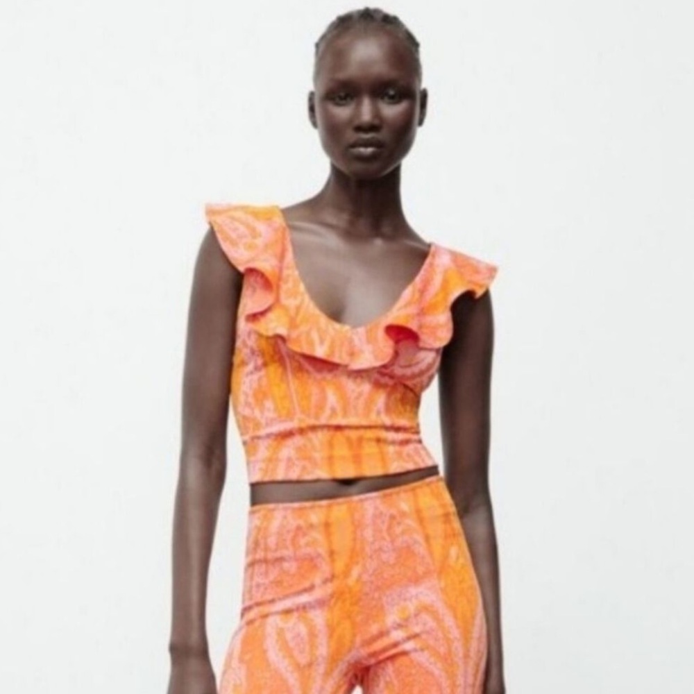 Zara Jacquard Ruffle Orange Pink and Yellow Top